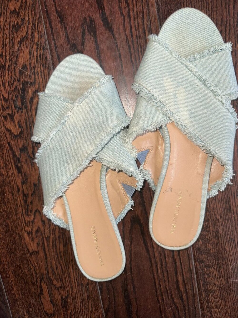 Saks Fifth Avenue Light Wash Denim Distressed Flat Sandals